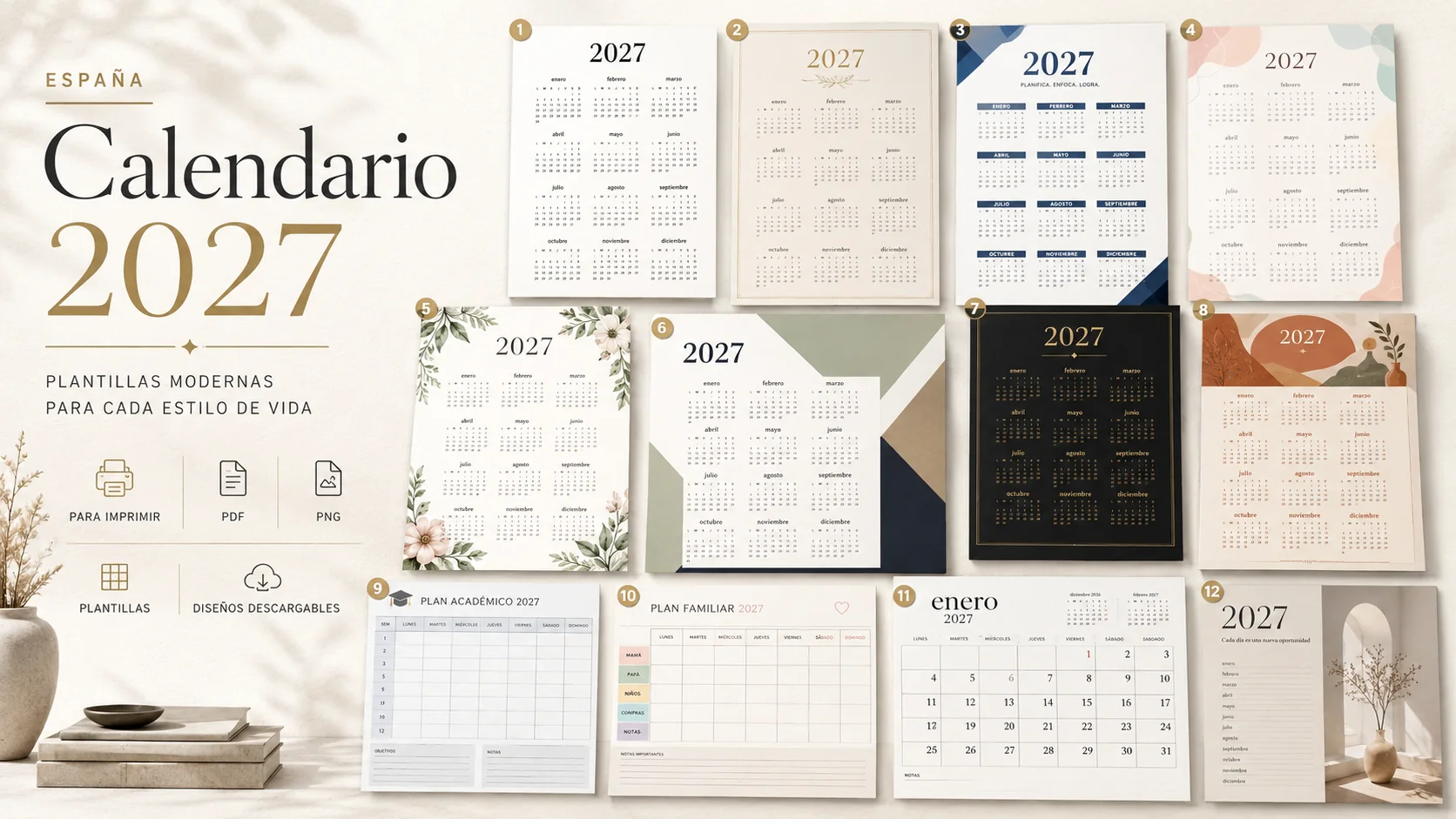 Collage con doce diseños de calendario 2027: anuales, mensual, académico y familiar